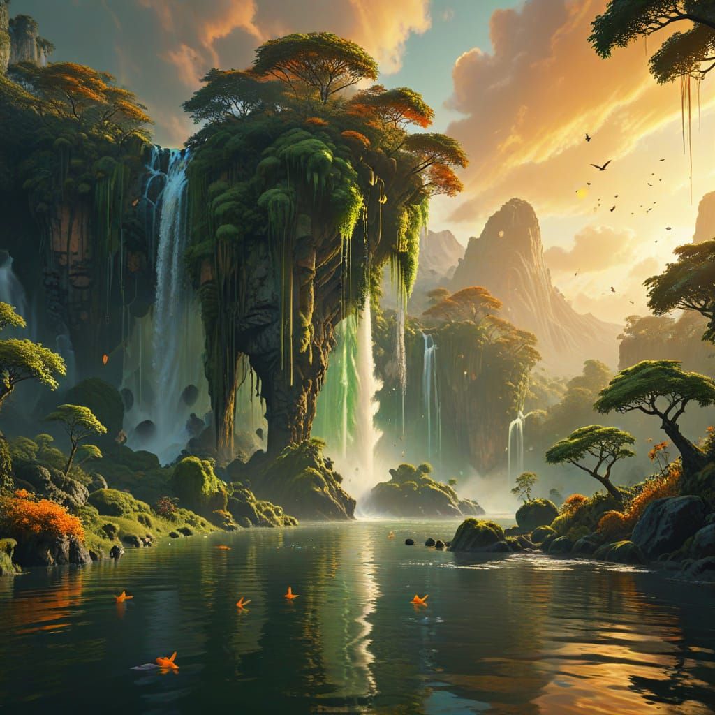 Floating Islands at Sunset Digital Matte Painting