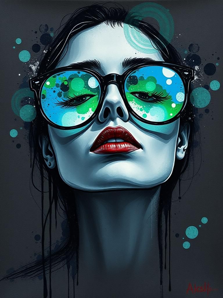 Abstract Woman with Sunglasses in Bioluminescent Hues