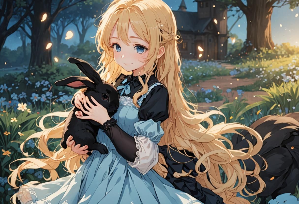 Blonde Girl Hugging Rabbit in Anime Style
