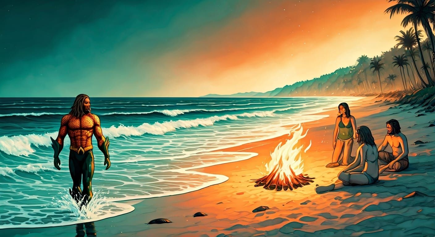 Aquaman Arrives at Beach Campfire: Alcohol Ink Art
