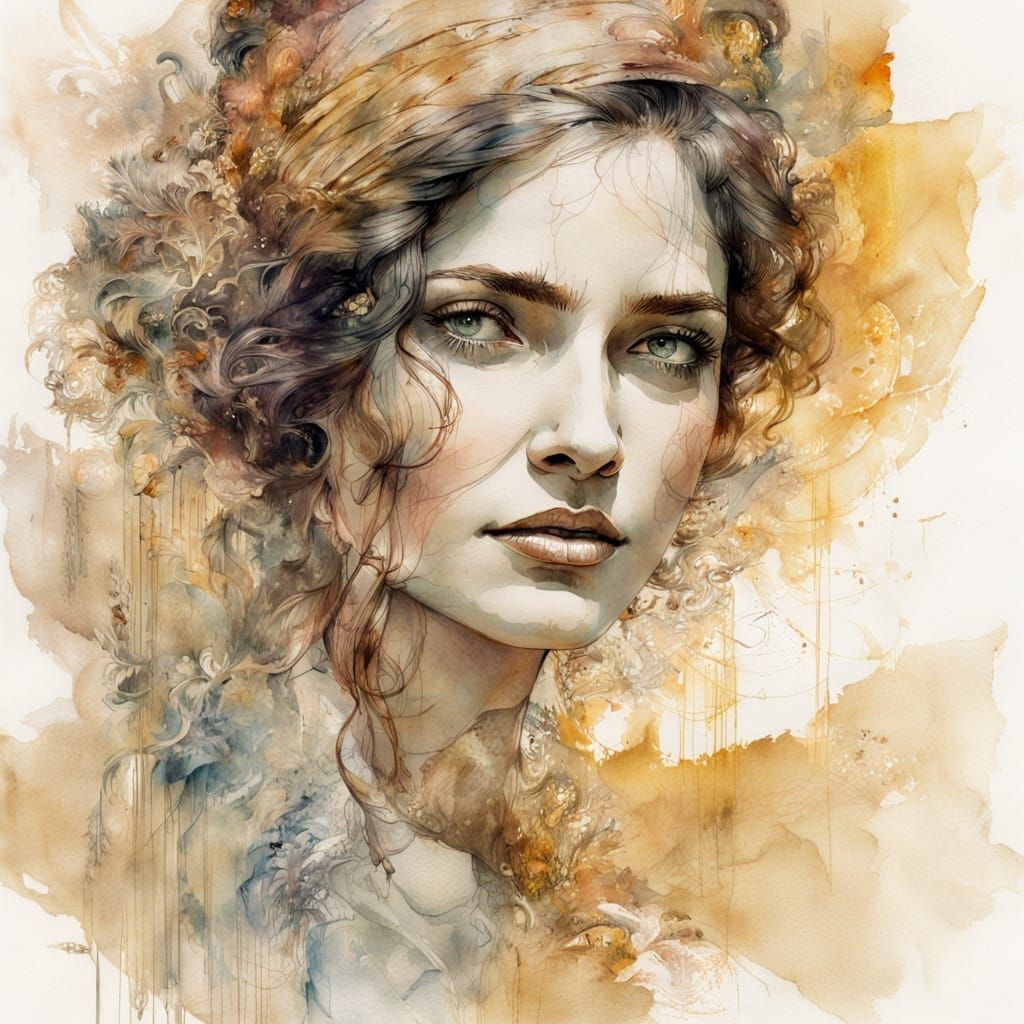 Portrait Woman, Double Exposure, Amber, Vintage Art Deco, Watercolor and Pen, Abindrinath Tagore Mikalene Thomas Carne G...