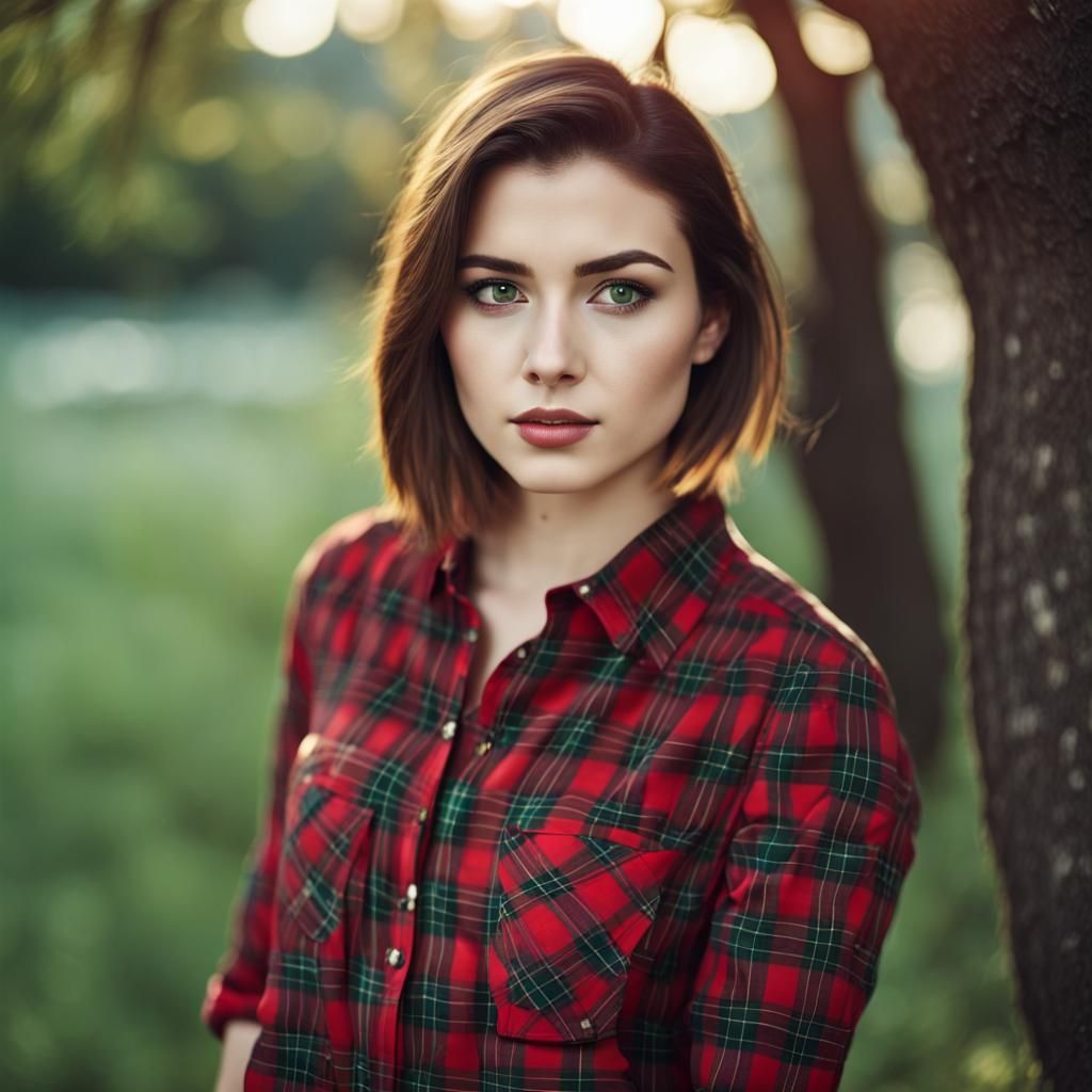 Young Woman in Tartan Shirt, Detailed Portrait