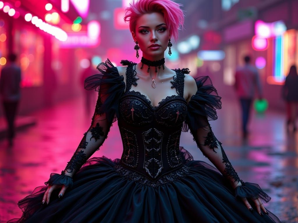 Gothic Wedding Goddess in Black and Neon Pink