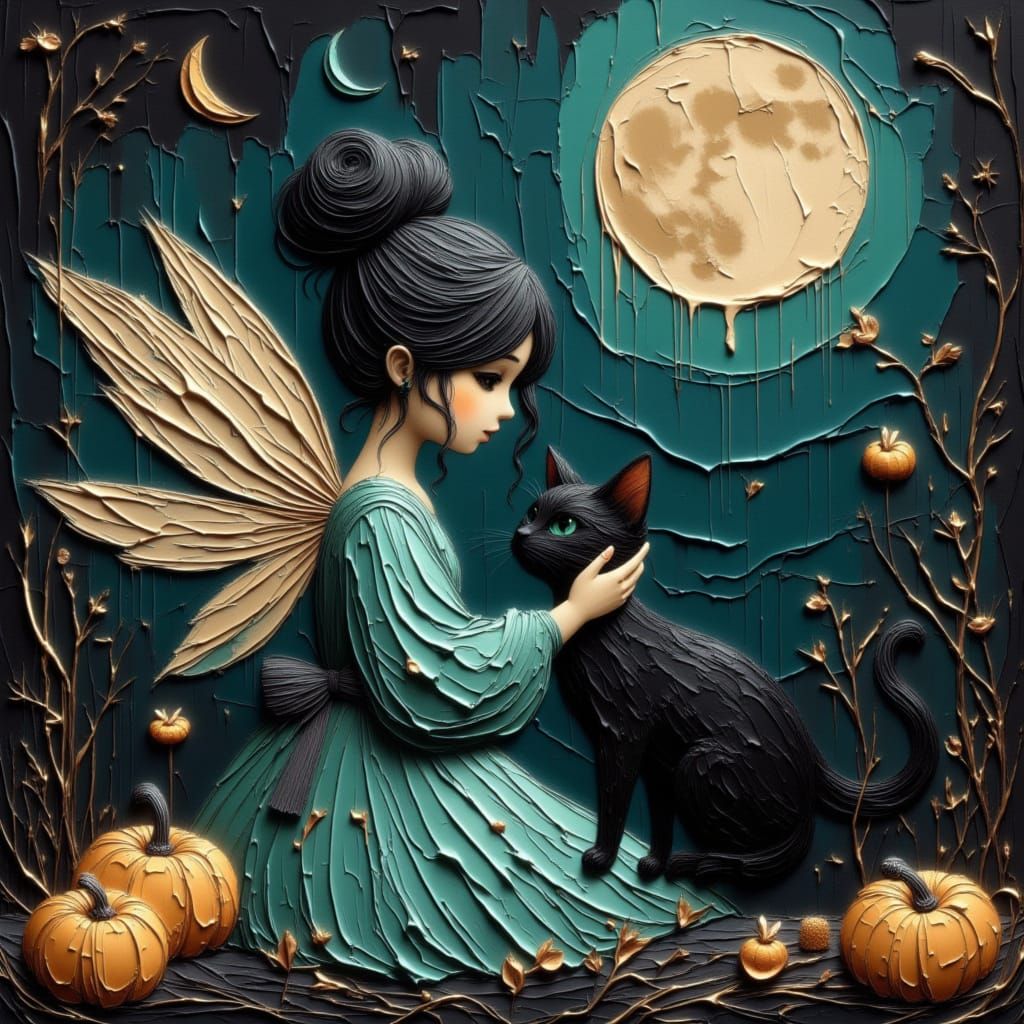 Moonfairy with Cat Under Harvest Moon