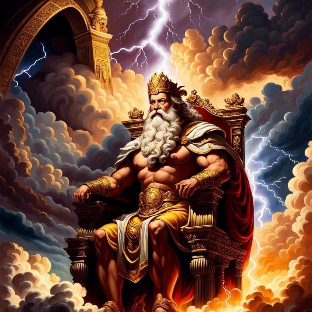 Zeus on Cloud Throne: Detailed Oil Painting
