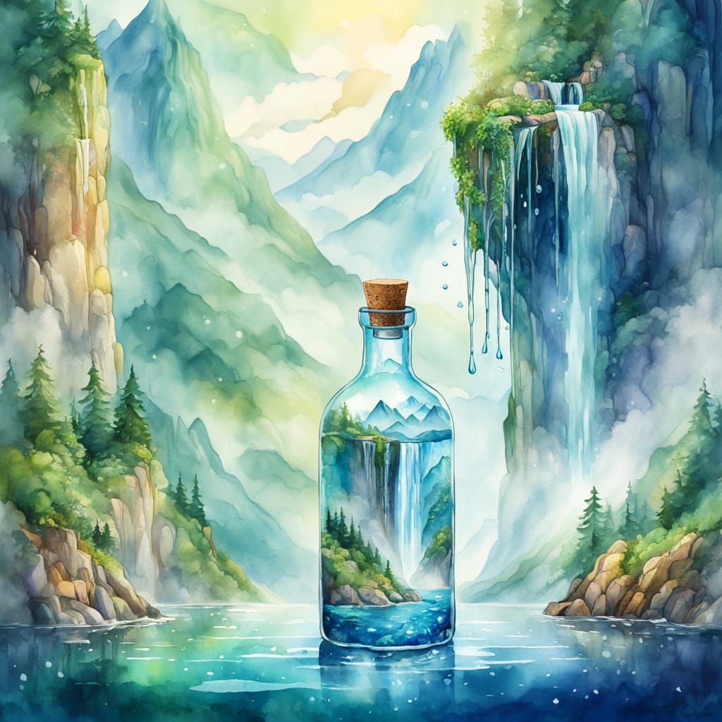 Giant Bottle with Waterfall, Dreamy Watercolor Art