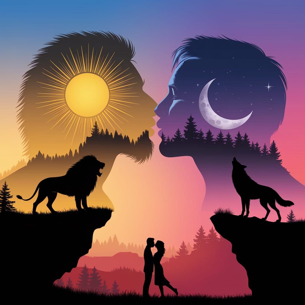 Surreal Double Exposure Kissing Couple in Vibrant Hues