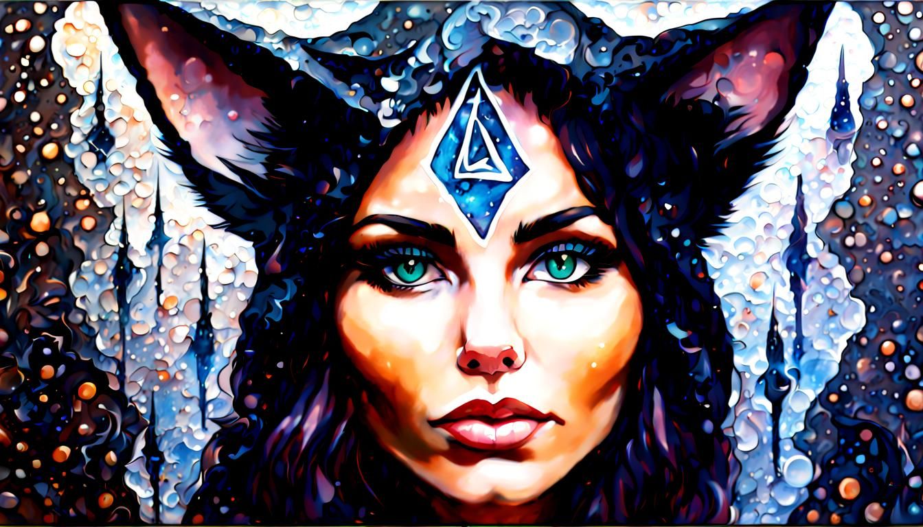 Cat-Eared Sorceress Casting Runes in Acrylic