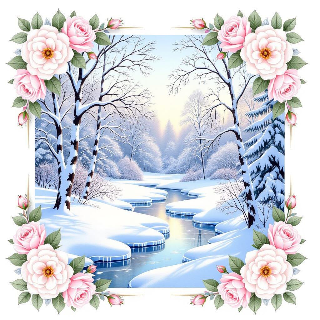 Winter Scene with Roses in Colored Pencil Style