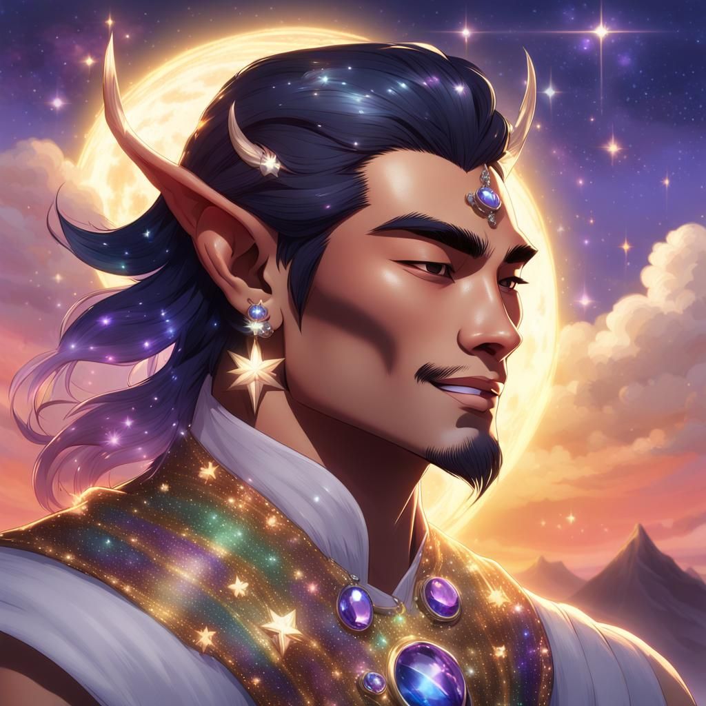 Elf Hugging Sun in Rainbow Sunset, Hyperdetailed Portrait