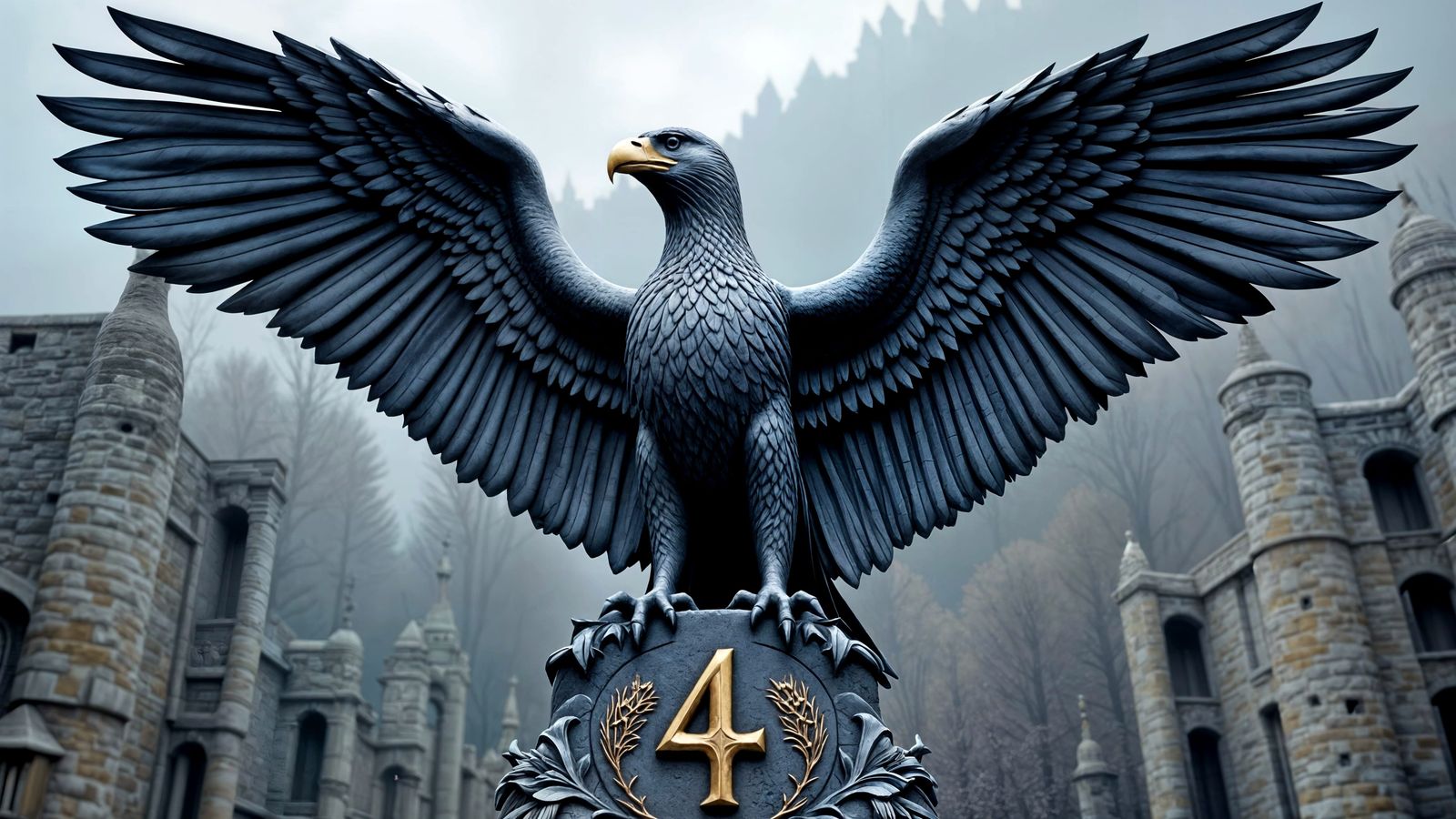 Majestic Silver Eagle Statue at Ancient Castle