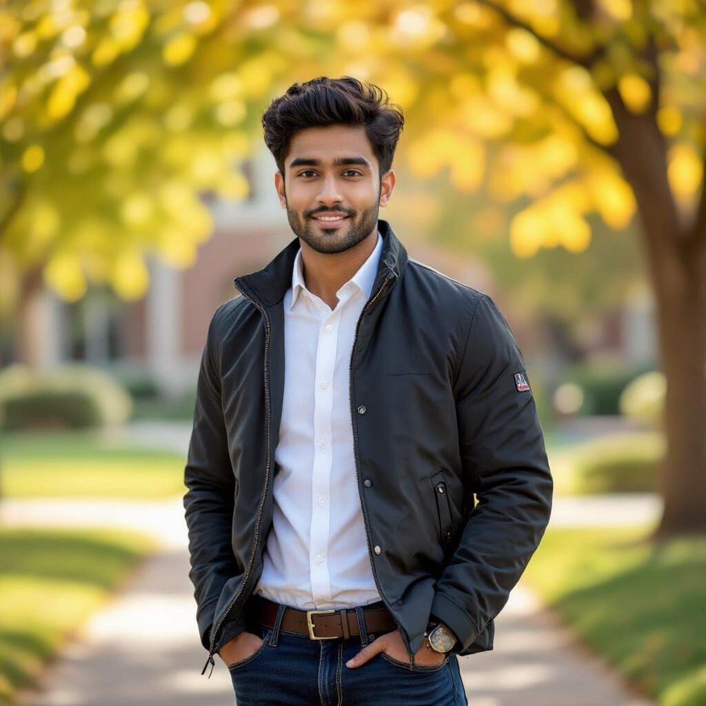 Indian Man on Campus in Hyper-Realistic Style