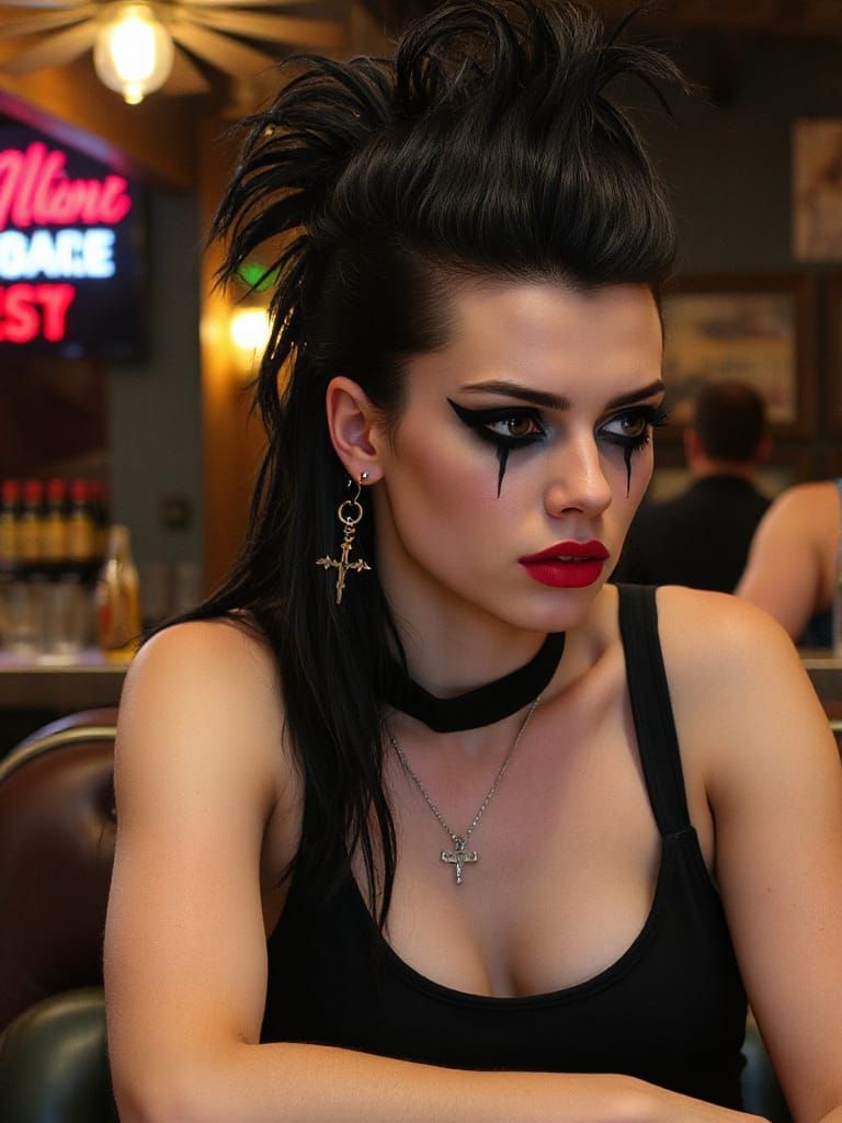 Heartbroken Goth with 1980s Makeup Crying at a Bar