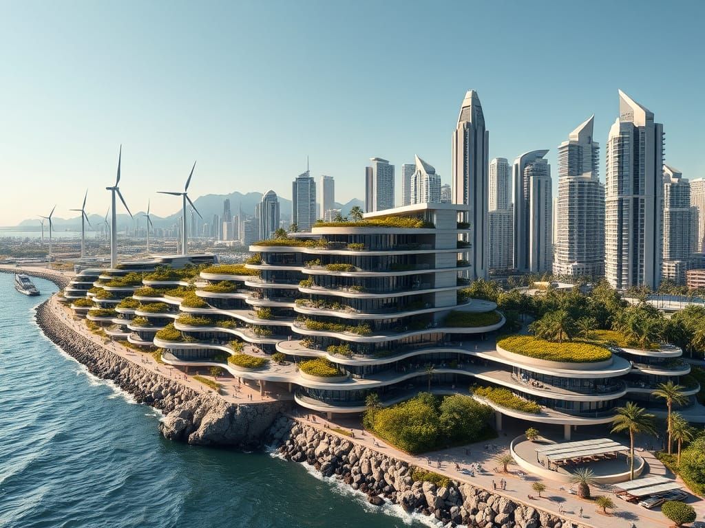 Sustainable Bayside Metropolis in a Solarpunk Style