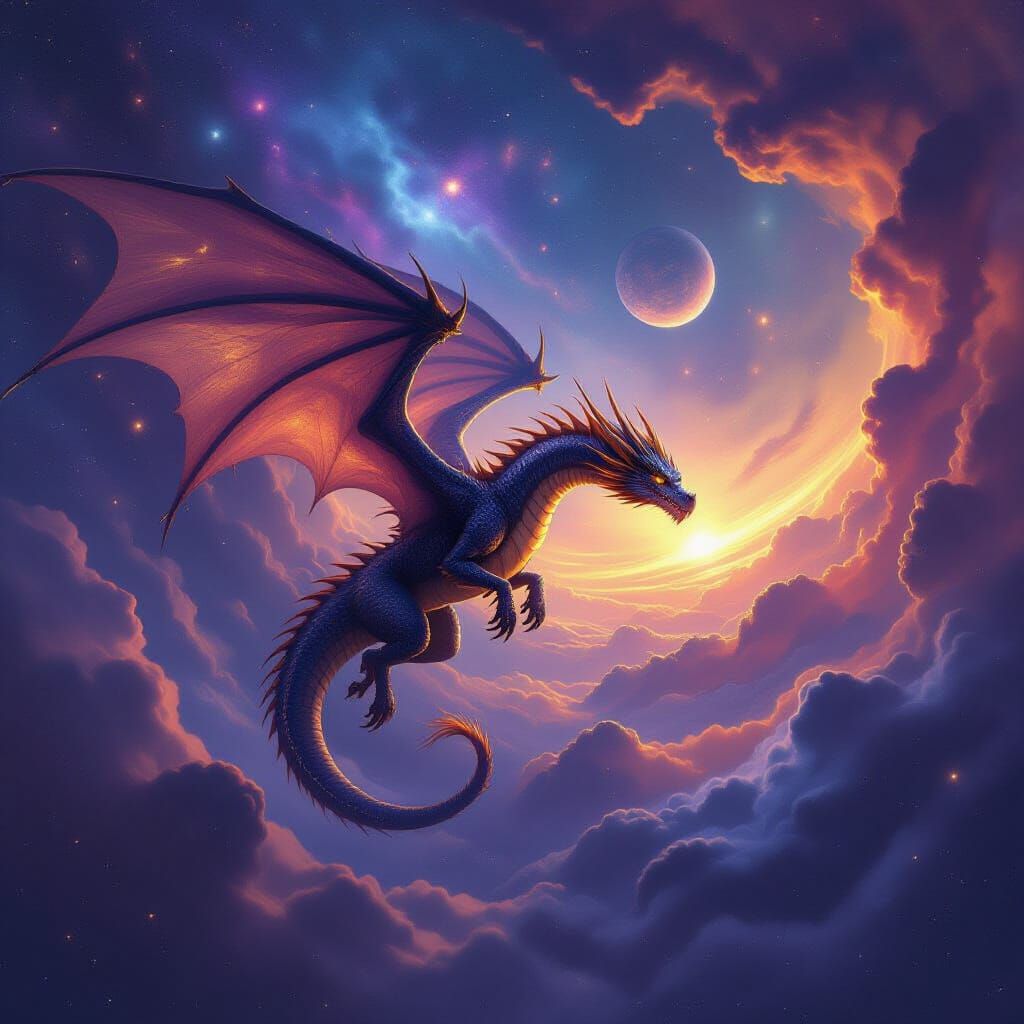 Majestic Dragon Soaring Through Cosmic Nebula Sky