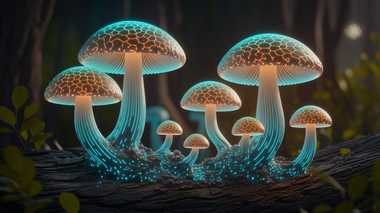Ethereal Bioluminescent Mushrooms in Dark, Vibrant Style