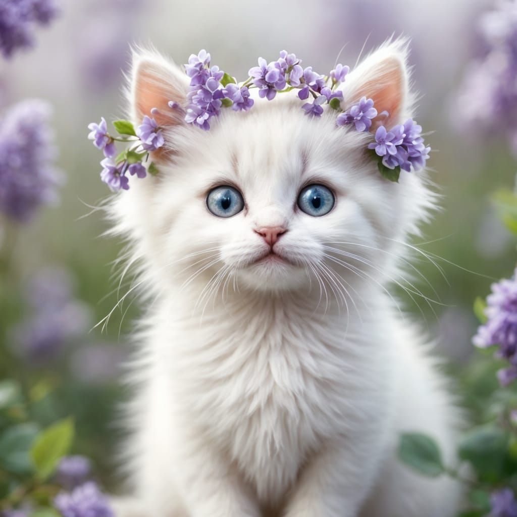 Fluffy White Kitten Wears Purple Lilac Laurel