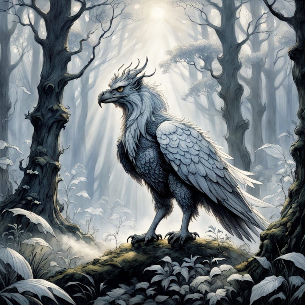 White Griffin in Ethereal Forest Clearing