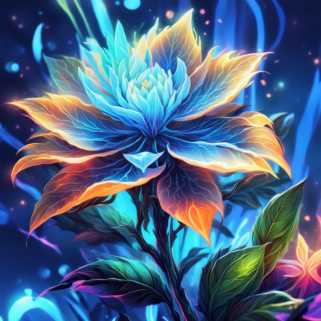 Blue Blossom Close-up: Digital Art in Neon Fantasy