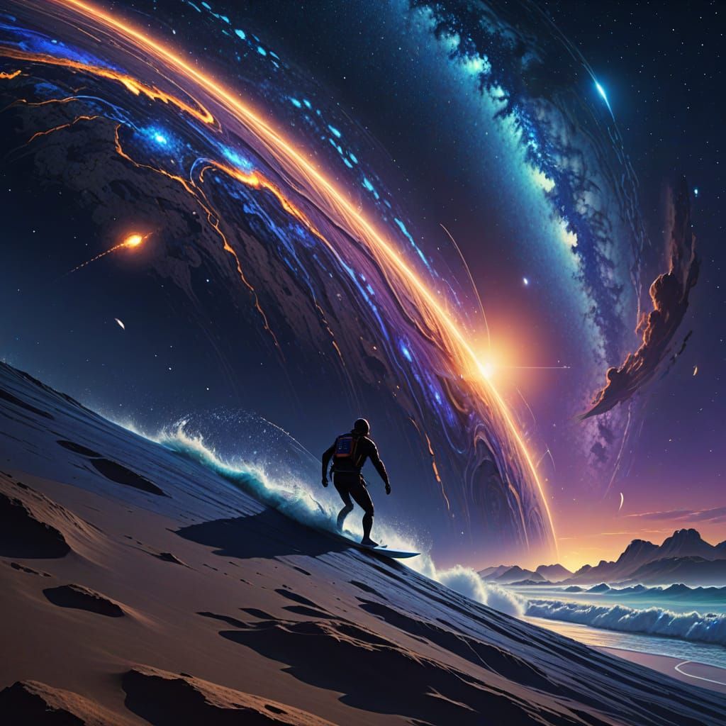 Surfer Rides Asteroid Waves in Sci-Fi Digital Art