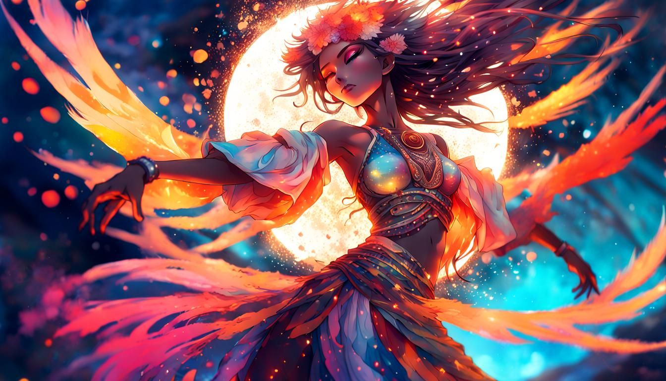 Tribal Island Fire Dance in Anime Style