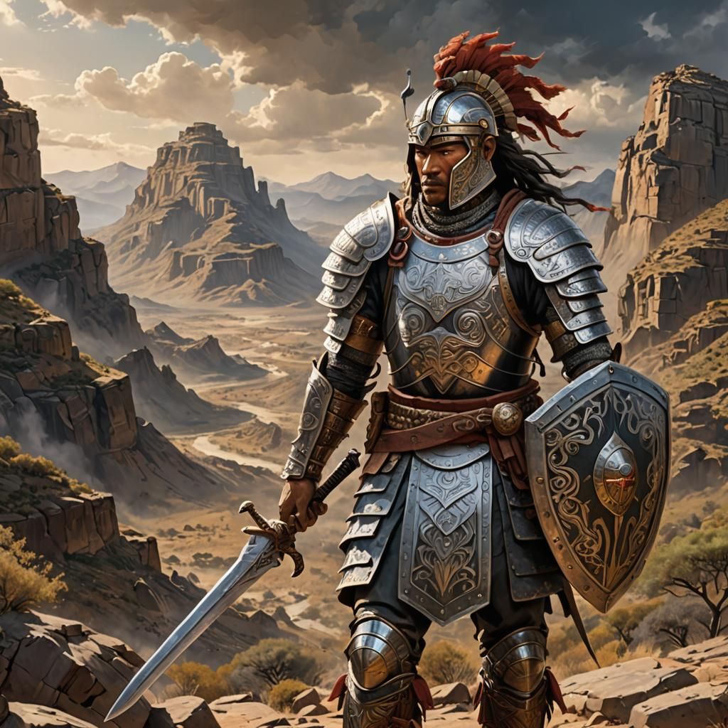 Ancient Warrior with Dual Swords in a Rugged Landscape