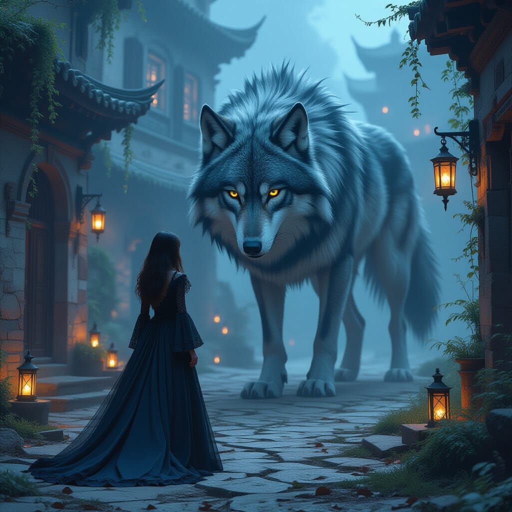 Ethereal Wolf Encounter in Ruined Courtyard