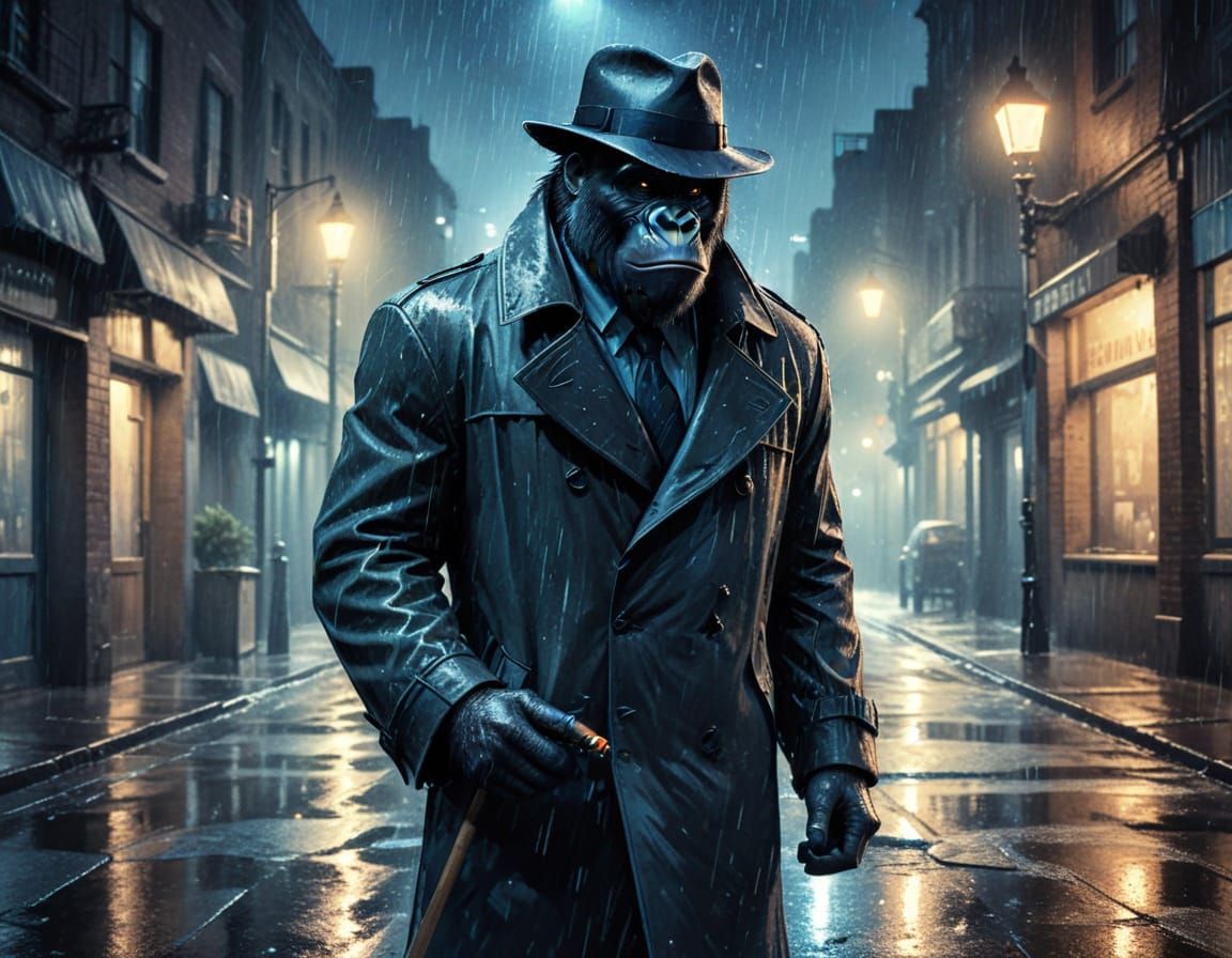 Sleuthing Gorilla in a Rainy Alleyway