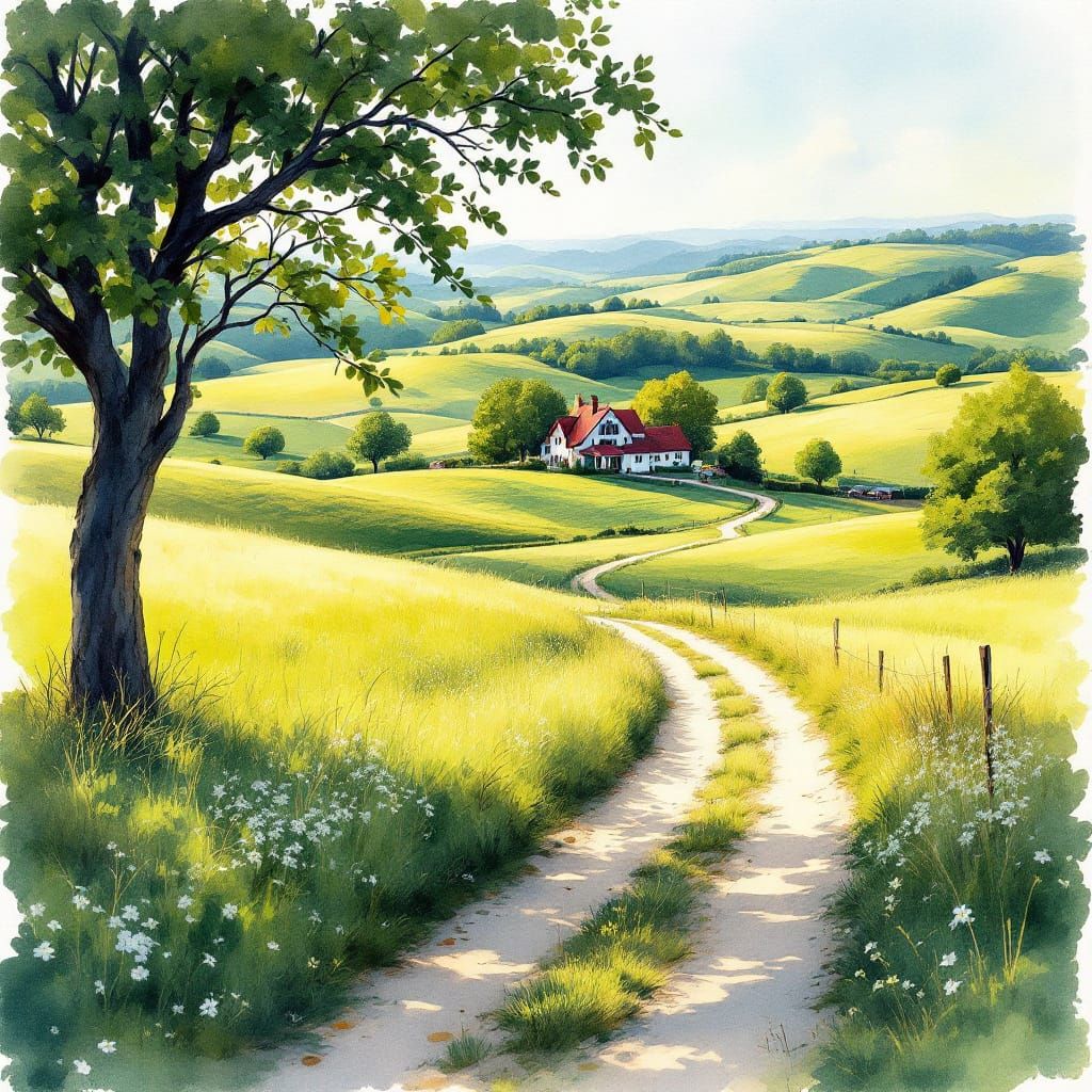 Vibrant Watercolor Countryside Landscape with Farmhouse