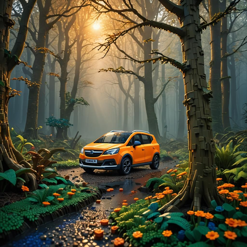 Lego Car in Misty Forest: Fantasy Concept Art