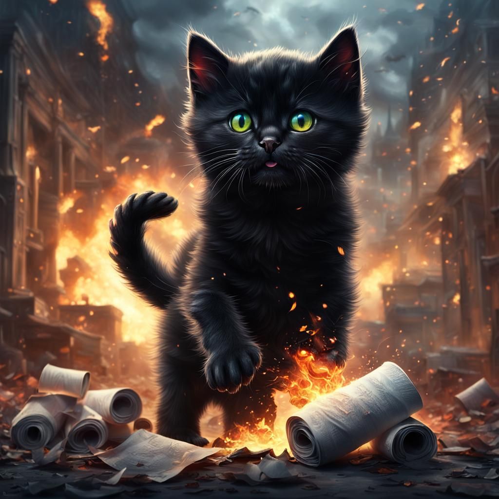 Fiery Kitten Among Shredded Paper Rolls