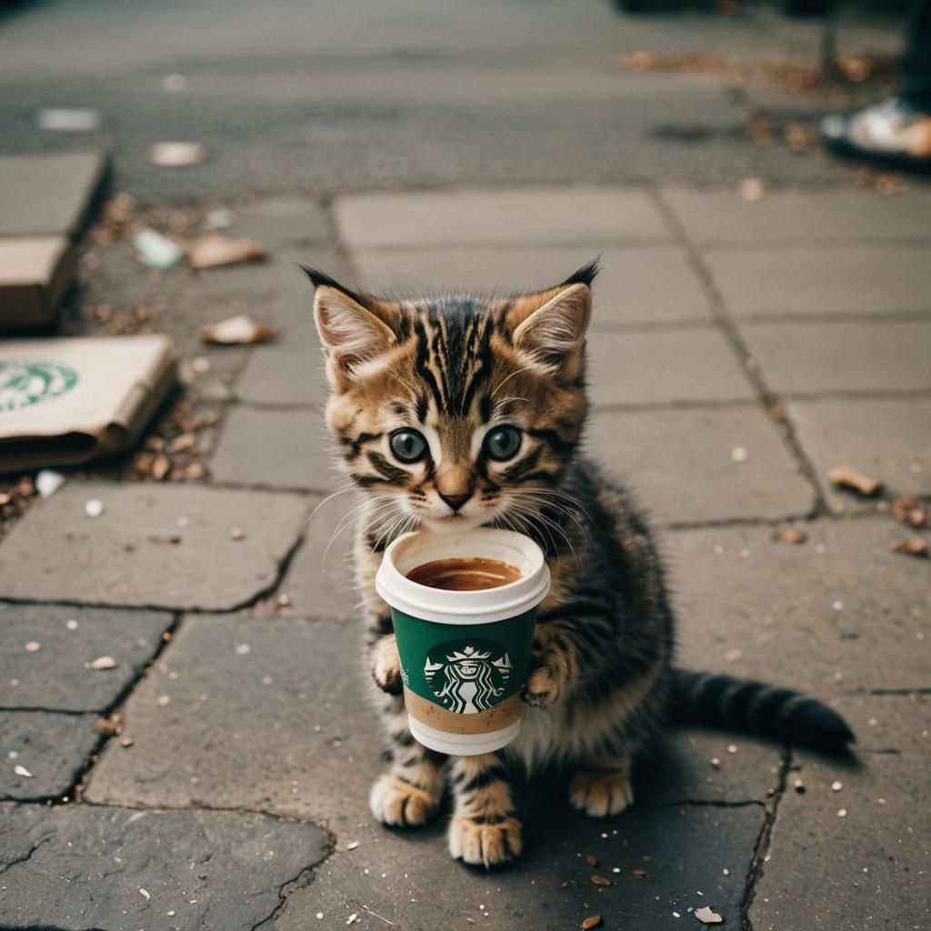 Kitten's Coffee Break: A Cinematic Film Still