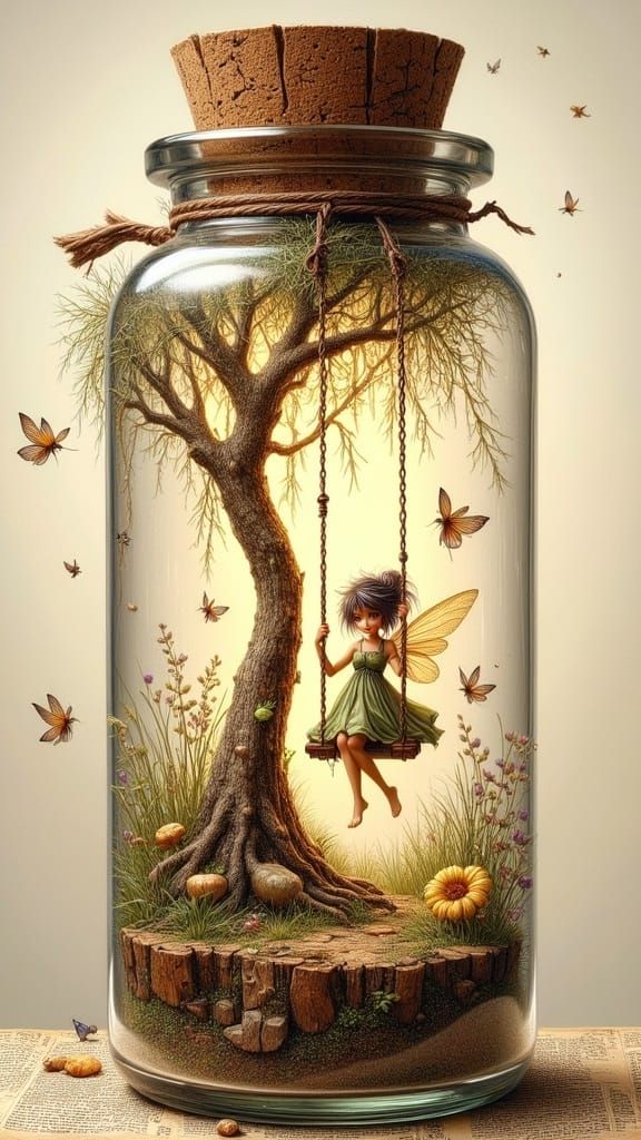Vibrant Double Exposure of Whimsical Fairy Scene in a Glass ...