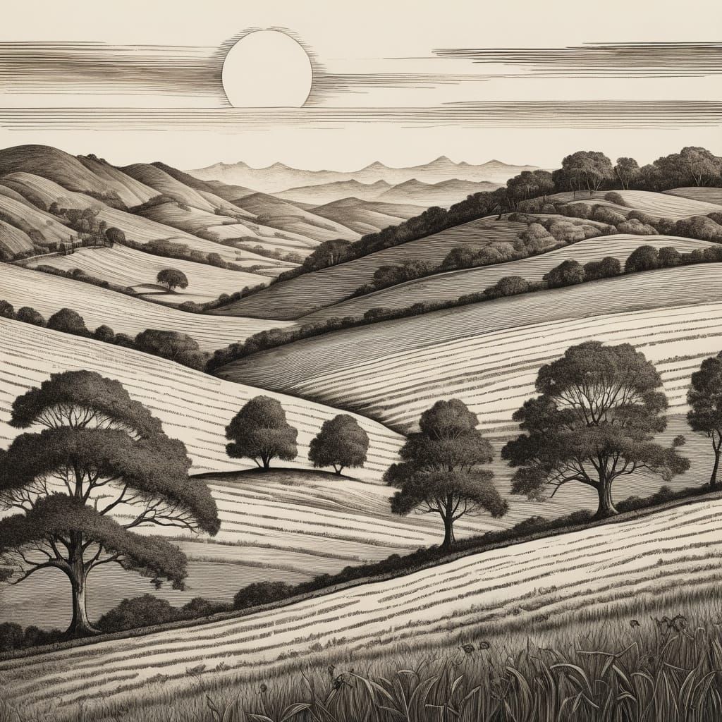 Intaglio Print Serene Countryside Landscape Carved on Copper