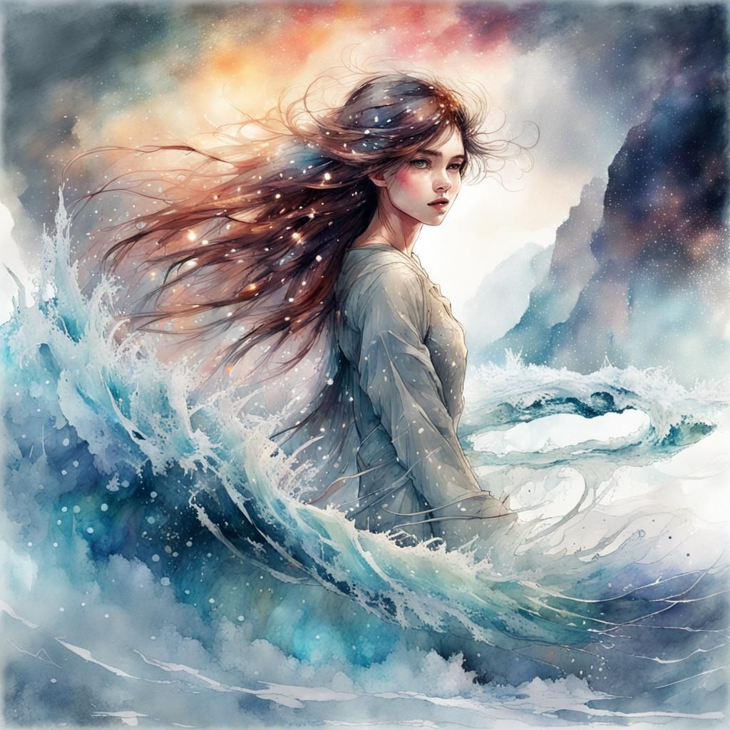 Crystal Ice Wave Digital Watercolor Landscape