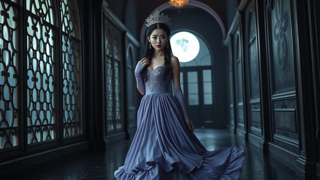 Moonlit Queen Contemplates in Palace Halls