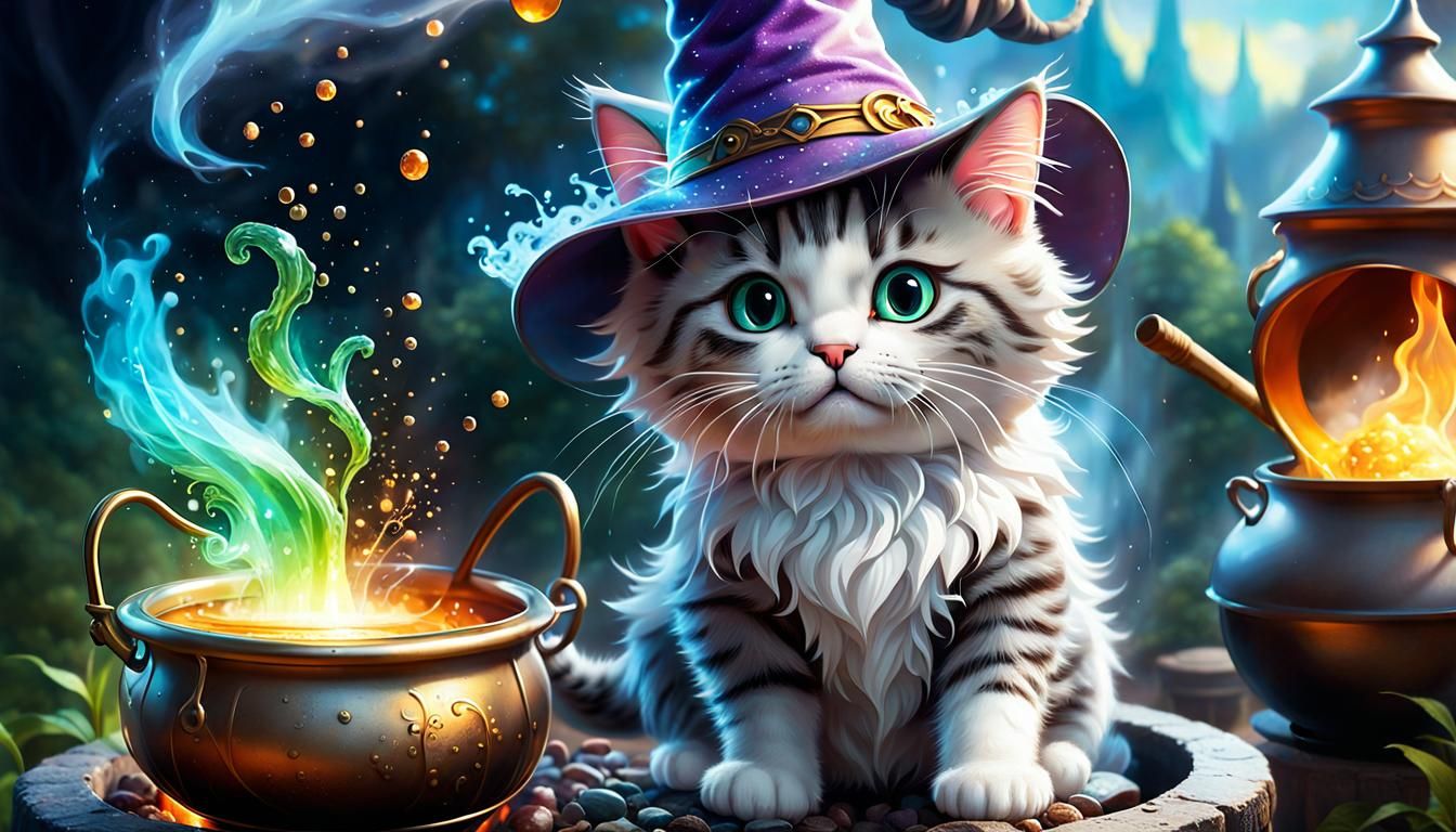 Chibi Cat Wizard Brewing Potion in Fairytale Style