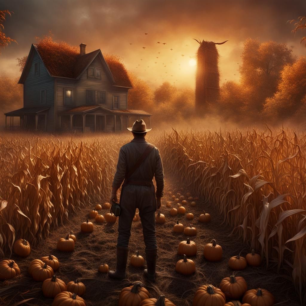 1980s Horror Characters in Fall Harvest Scene