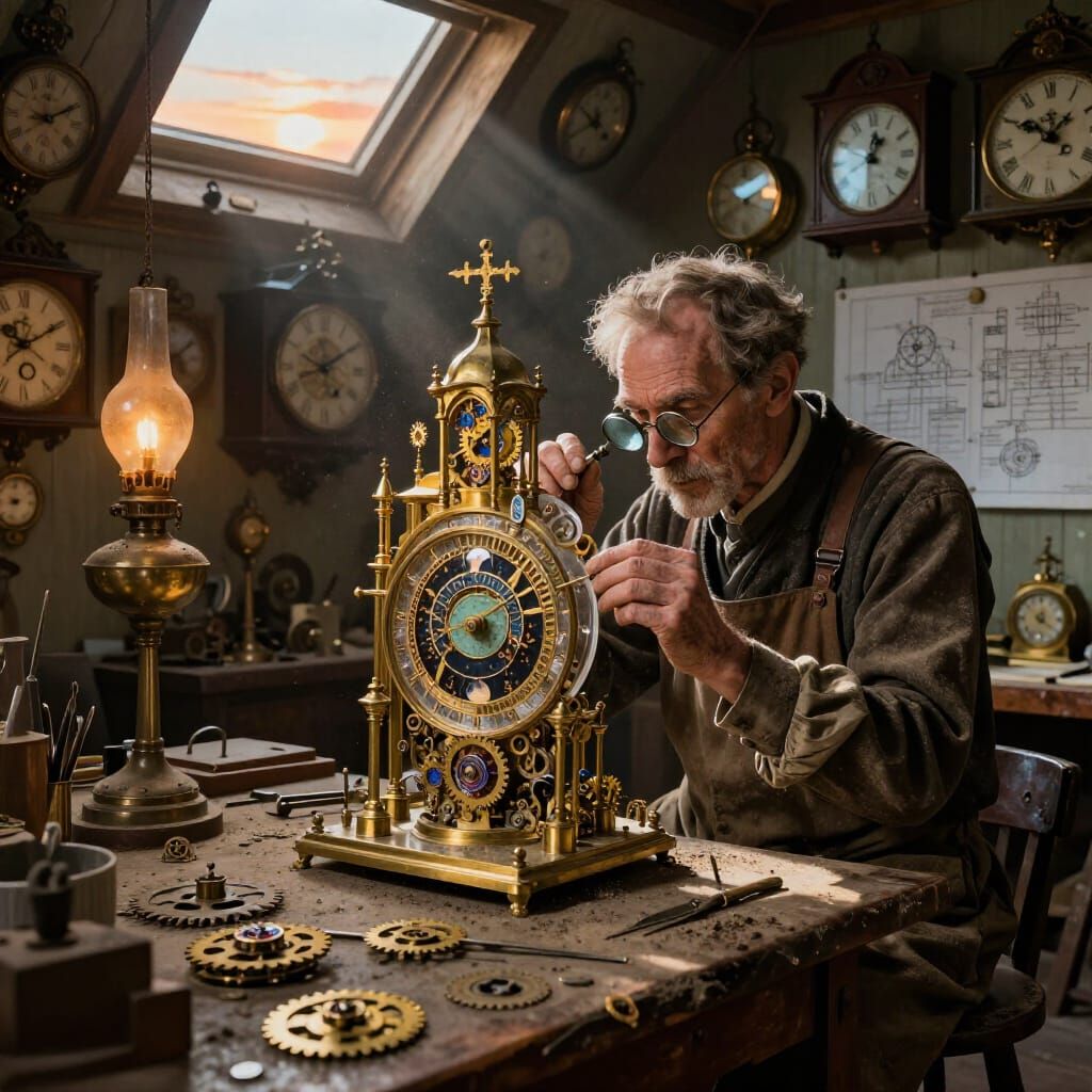 Victorian Clockmaker Crafts Celestial Masterpiece in Dusty W...