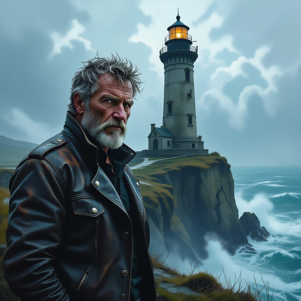 Ancient Lighthouse and Weathered Man in Gritty Realism