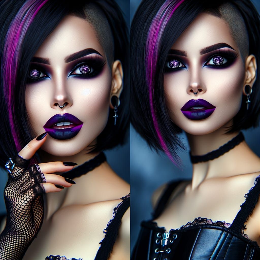 Gothic Woman with Neon Lips and Shaved Bob