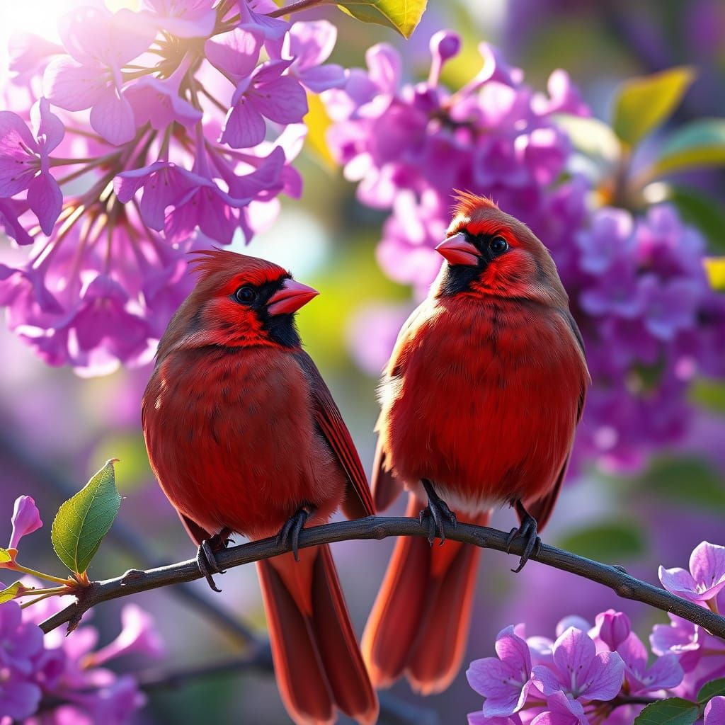 Northern Cardinals On Purple Lilac Branch In Anime Style