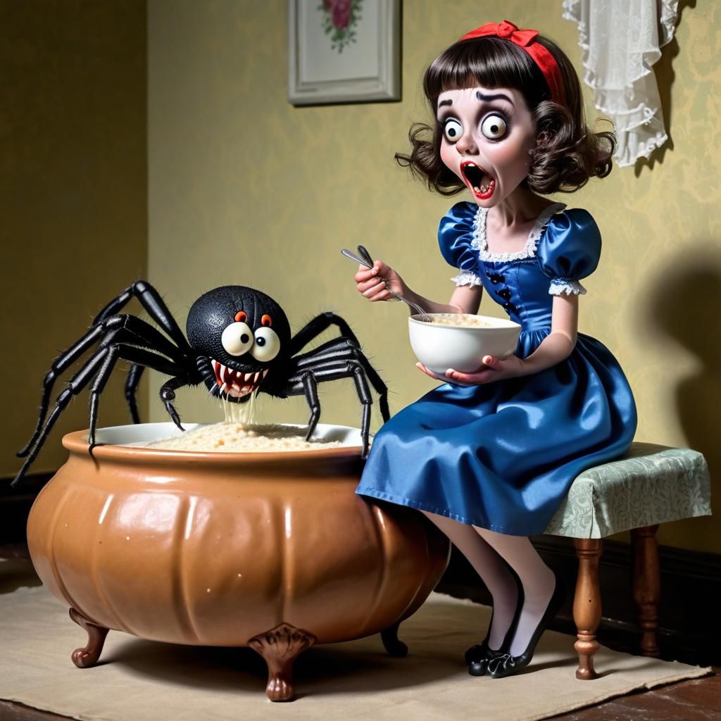 Little Miss Muffet sitting on a tuffet eating her bowl of porridge, a comical spider coming down beside her and frighten...