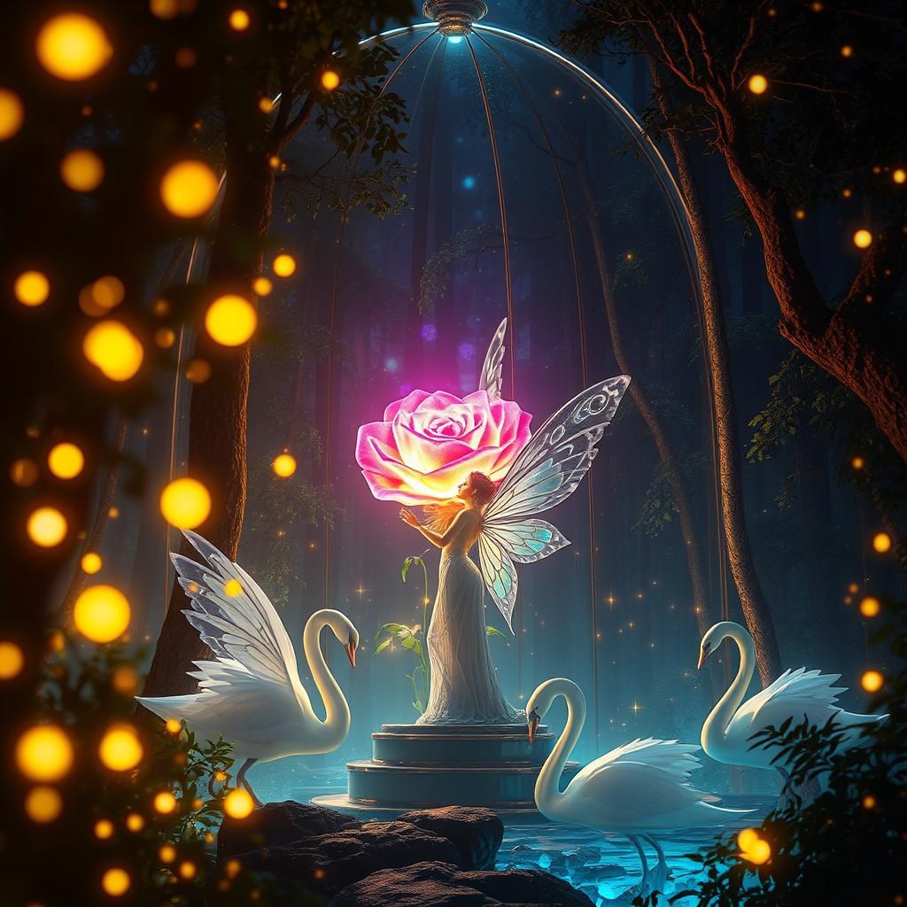 Fairy and Illuminated Rose in Magical Forest