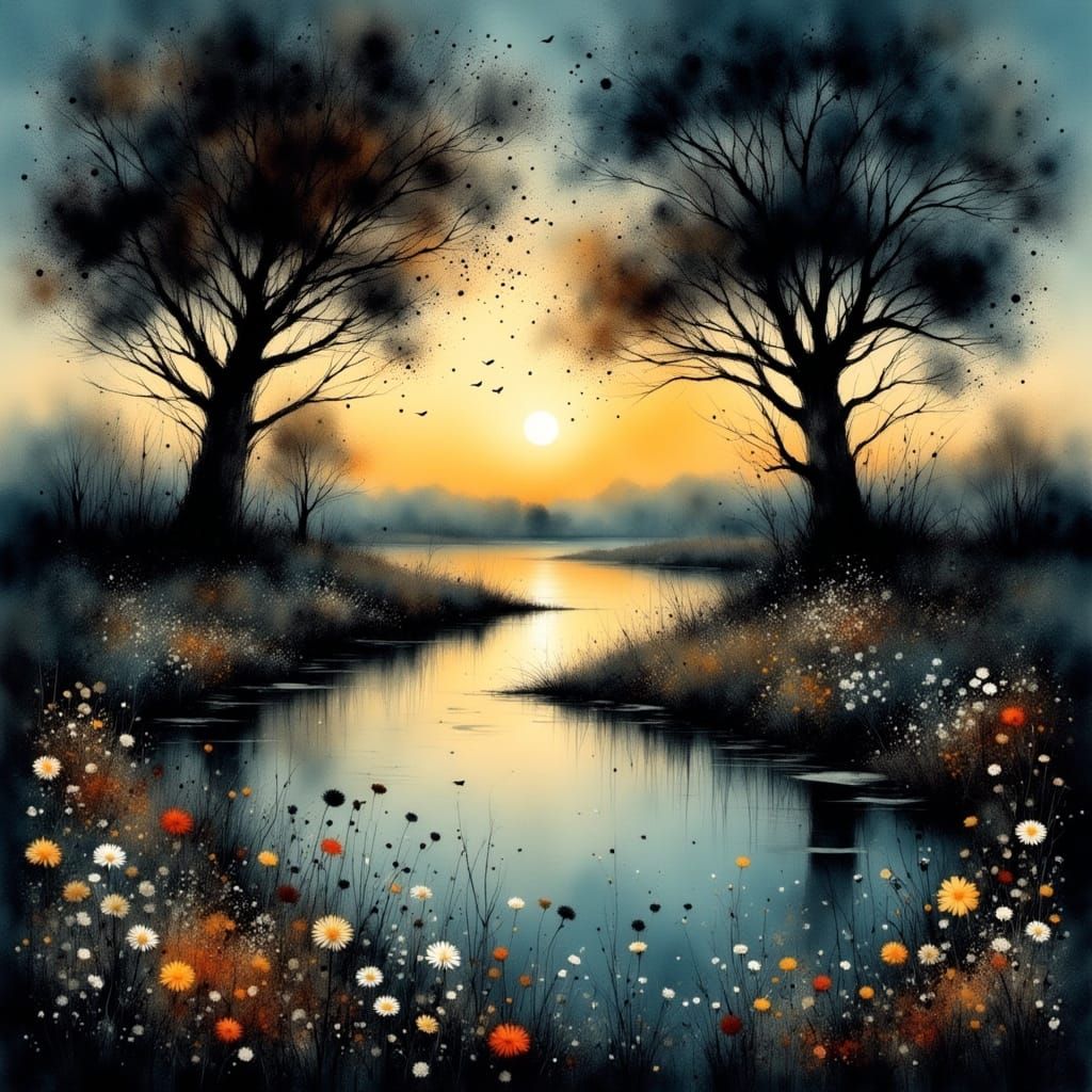 Landscape at Dusk with Lake and Ancient Oak Trees