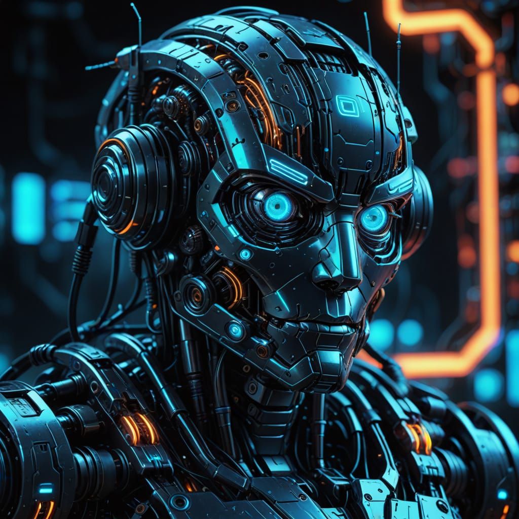 Robot's Glowing Blue Eyes in Neon Glow Art