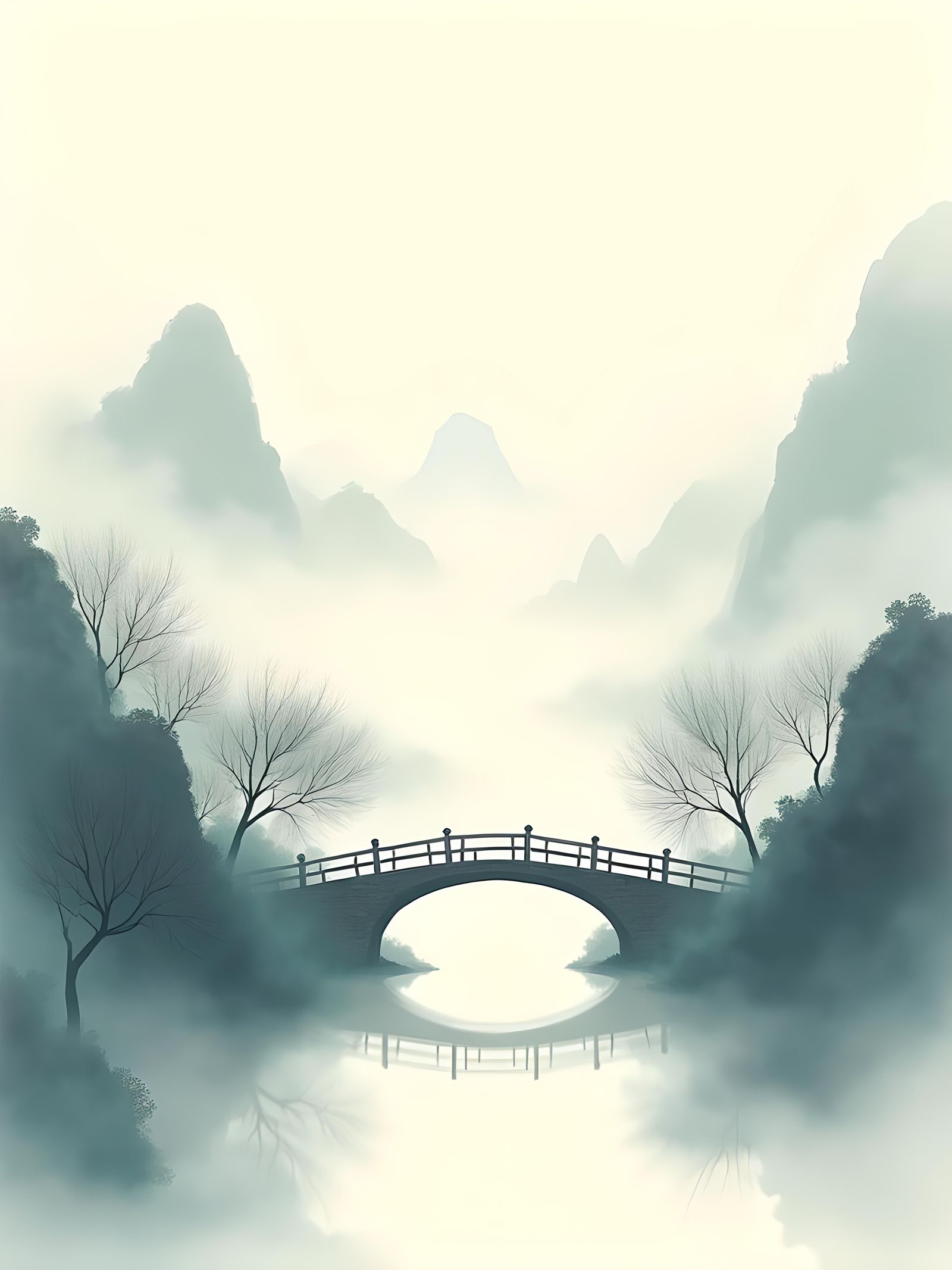 Minimalist Chinese Mountain Temple in Ink with Mist