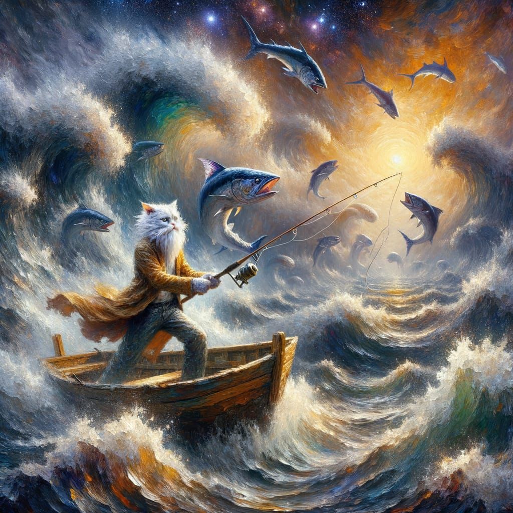 Elderly Cat Fisherman Battles Marlin in Neo-Impressionist Pa...