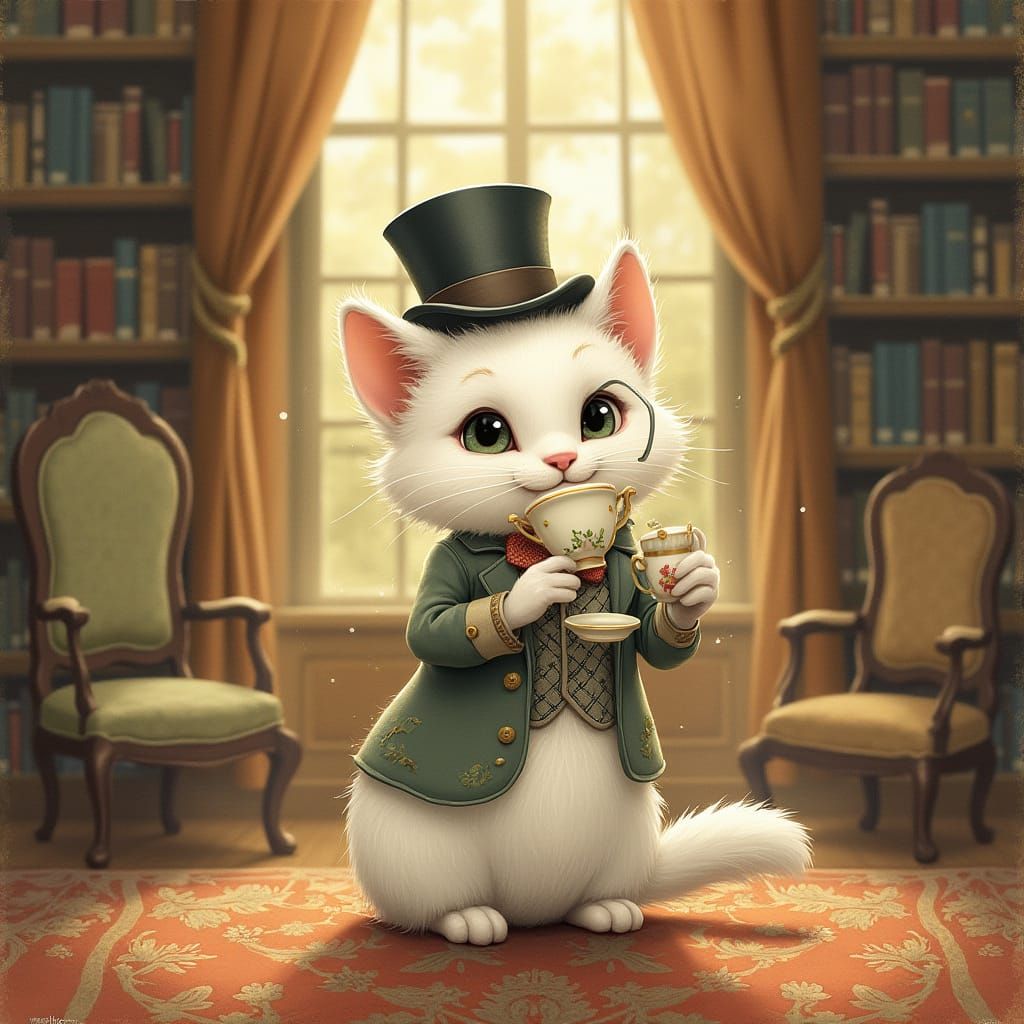 White Cat Sipping Tea in Cozy Library