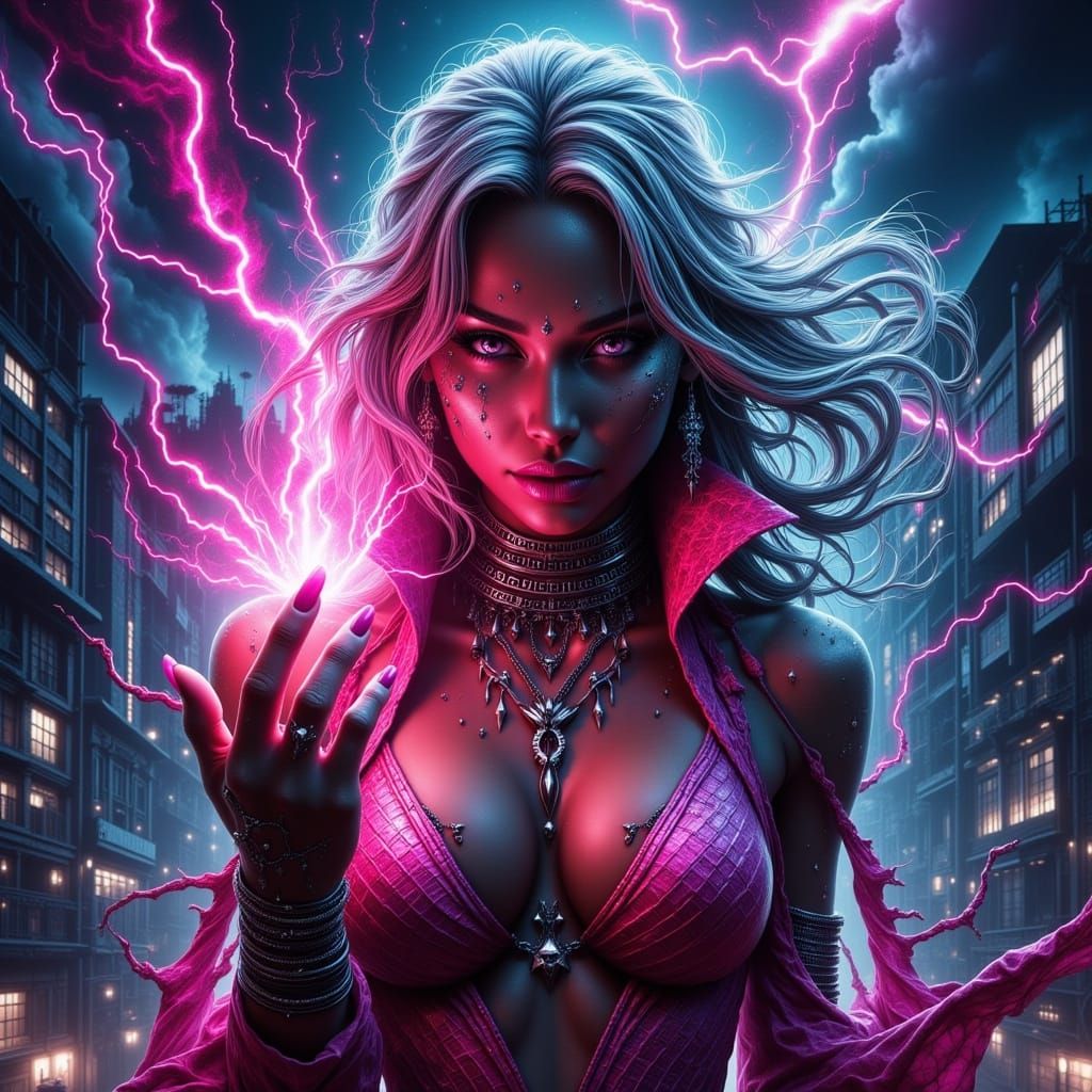 Sorceress Conjuring Flames in a Neon Cityscape